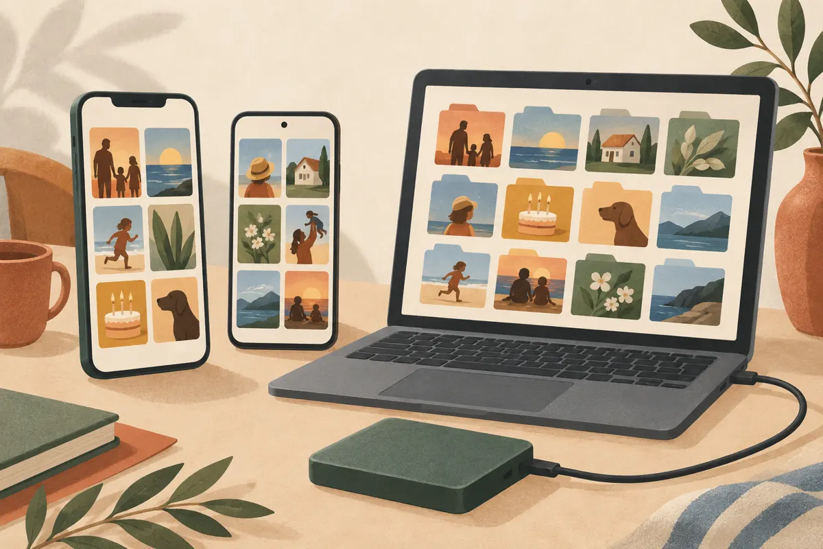 Ilustracja telefonów, laptopa i dysku zewnętrznego tworzących wspólne archiwum rodzinnych zdjęć.